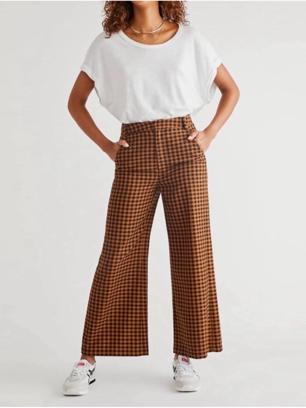 Free People Brown Gingham High-Waist Wide-Leg Pants